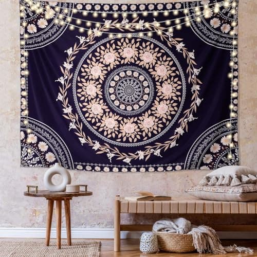 FLY SPRAY Mandala Tapestry Aesthetic,Boho Tapestries Wall Hanging,Dark Rose Floral Medallion Tapestrys,Bohemian Wall Art Hippie Decor for Bedroom Living Room Ceiling