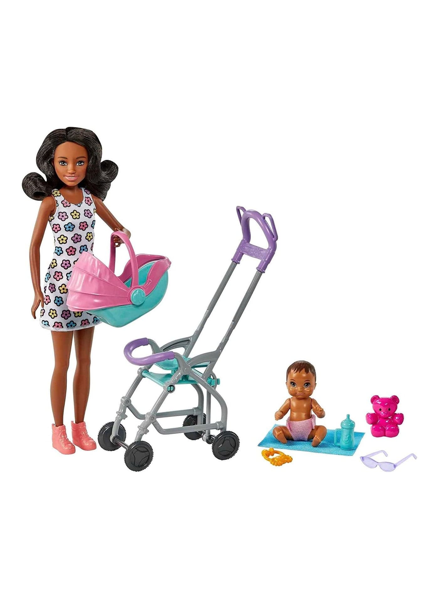 Skipper Babysitters Inc. Playset with Babysitter Doll Curly Brunette Hair, Stroller, Baby Doll & 5 Accessories