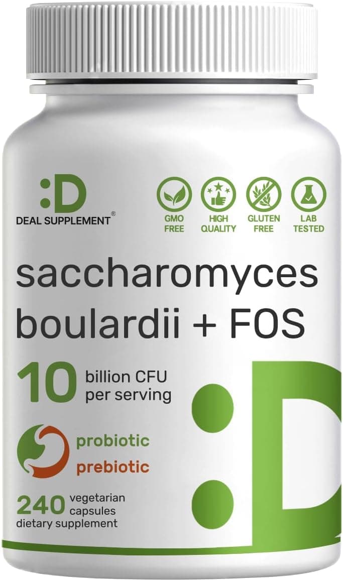 Saccharomyces Boulardii Probiotics FOS Supplement 10 Billion CFU 240 Veggie Capsules Probiotic Prebiotic for Women Men Gut Immune Digestive Health Support NonGMO