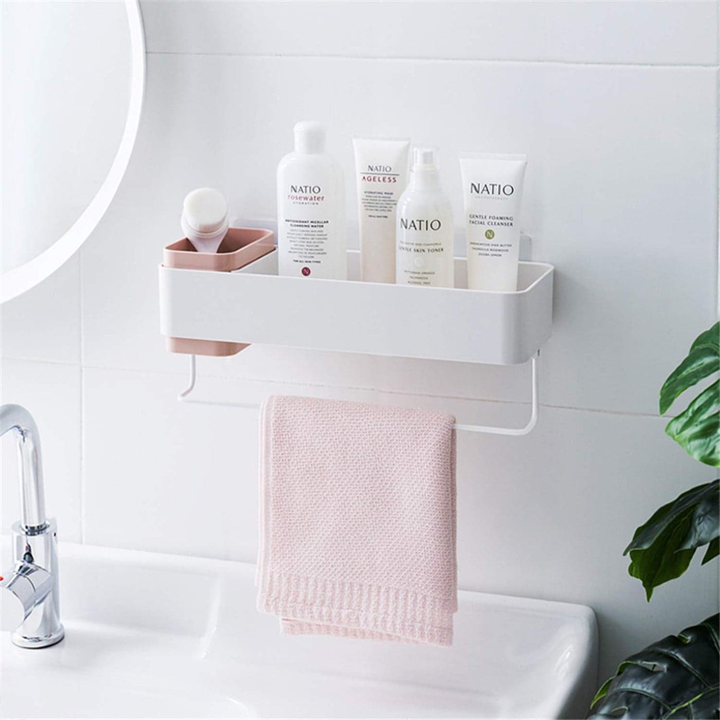 MORNITE Adhesive Bathroom Wall Caddy Bathroom Shower Organizer Hanging Shelves No Drilling Shampoo Holder Pink
