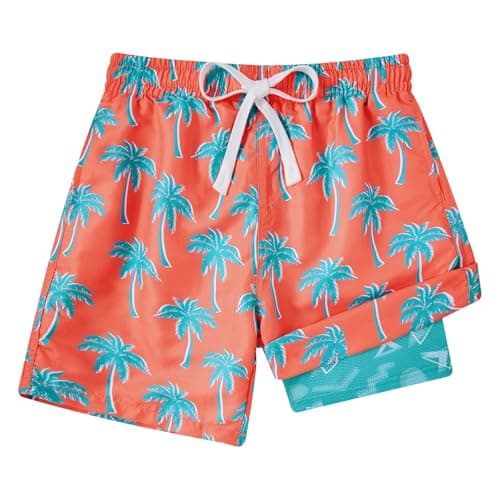 Cozople Boy's Palm Tree Graphic Swimming Trunks with Compression Liner Quick Dry Bathing Suit Anti Chafe Swimsuit Swim Shorts for Big Boys No Mesh Lining Beach Board Shorts with Pockets