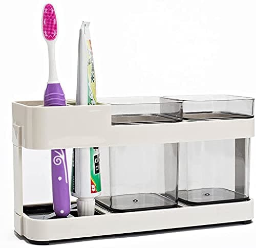 INOVERA (LABEL) Plastic Inovera Bathroom Toothbrush Toothpaste Holder Stand Storage Organizer With 2 Cup, Off White