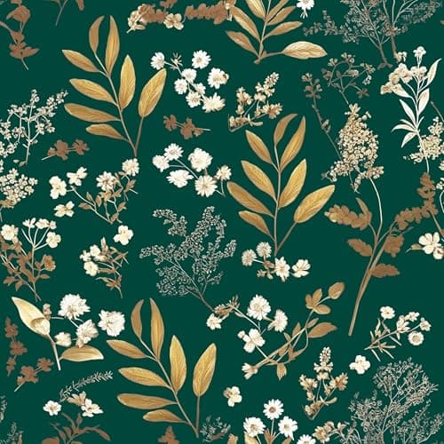 Dark Green Floral Wallpaper Peel and Stick Green Golden Leaf Wallpaper Vintage Floral Contact Paper Waterproof Self Adhesive Boho Delicate Wall Paper for Cabinet Rooms Desk Locker 175in x328ft