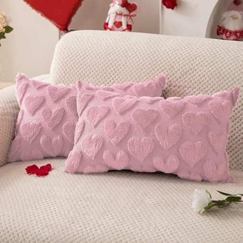 DFXSZ Valentines Pillow Covers 12x20 inch Set of 2 Valentines Day Decoration Pink Heart Soft Plush Faux Fur Jacquard Throw Pillows for Bedroom Sofa Holiday Festivals Home Decor PTK017B12