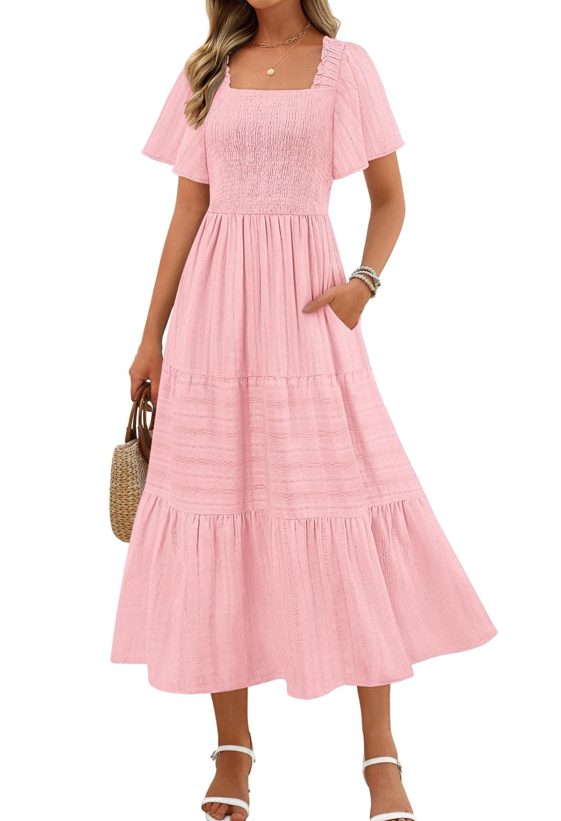 MEROKEETY Womens 2025 Summer Flowy Midi Maxi Dress Short Sleeve Square Neck Smocked Tiered Ruffle Boho Dresses with Pockets Pink Large