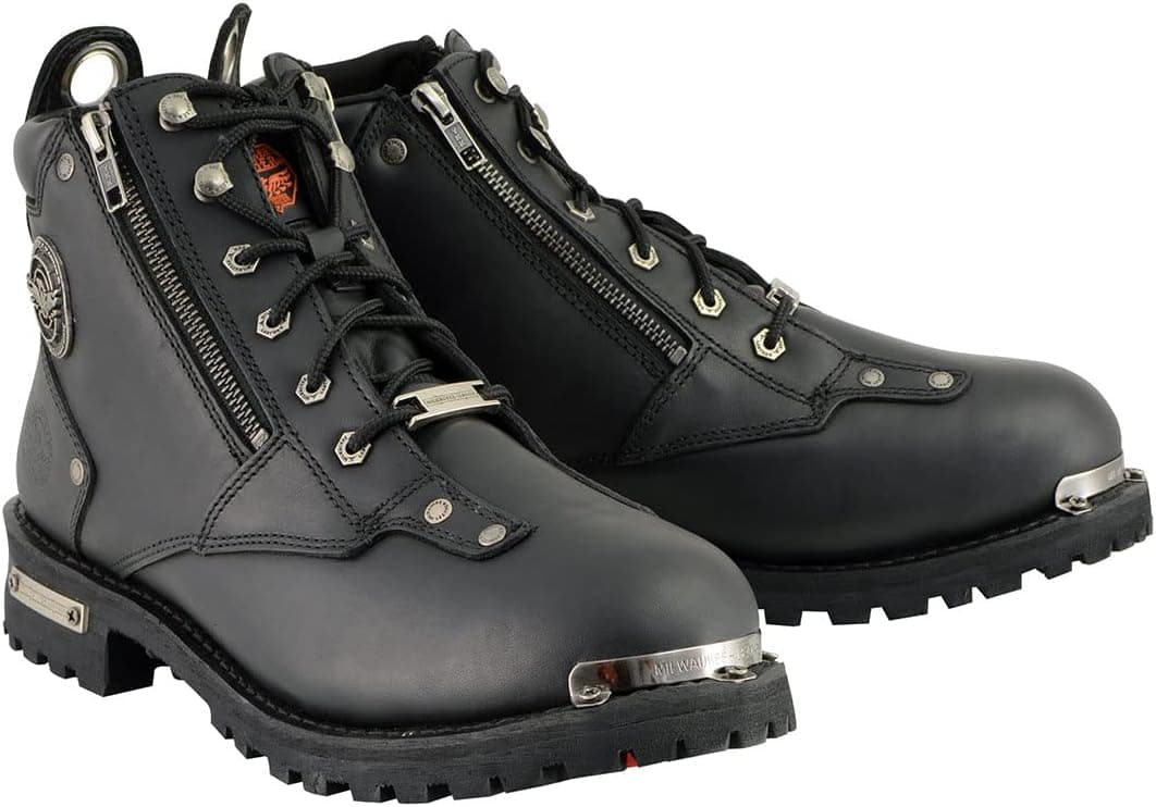 Milwaukee Leather MBM103 Men's Black Leather Lace-Up Boots with Double Sided Zipper Entry - Size 8.5