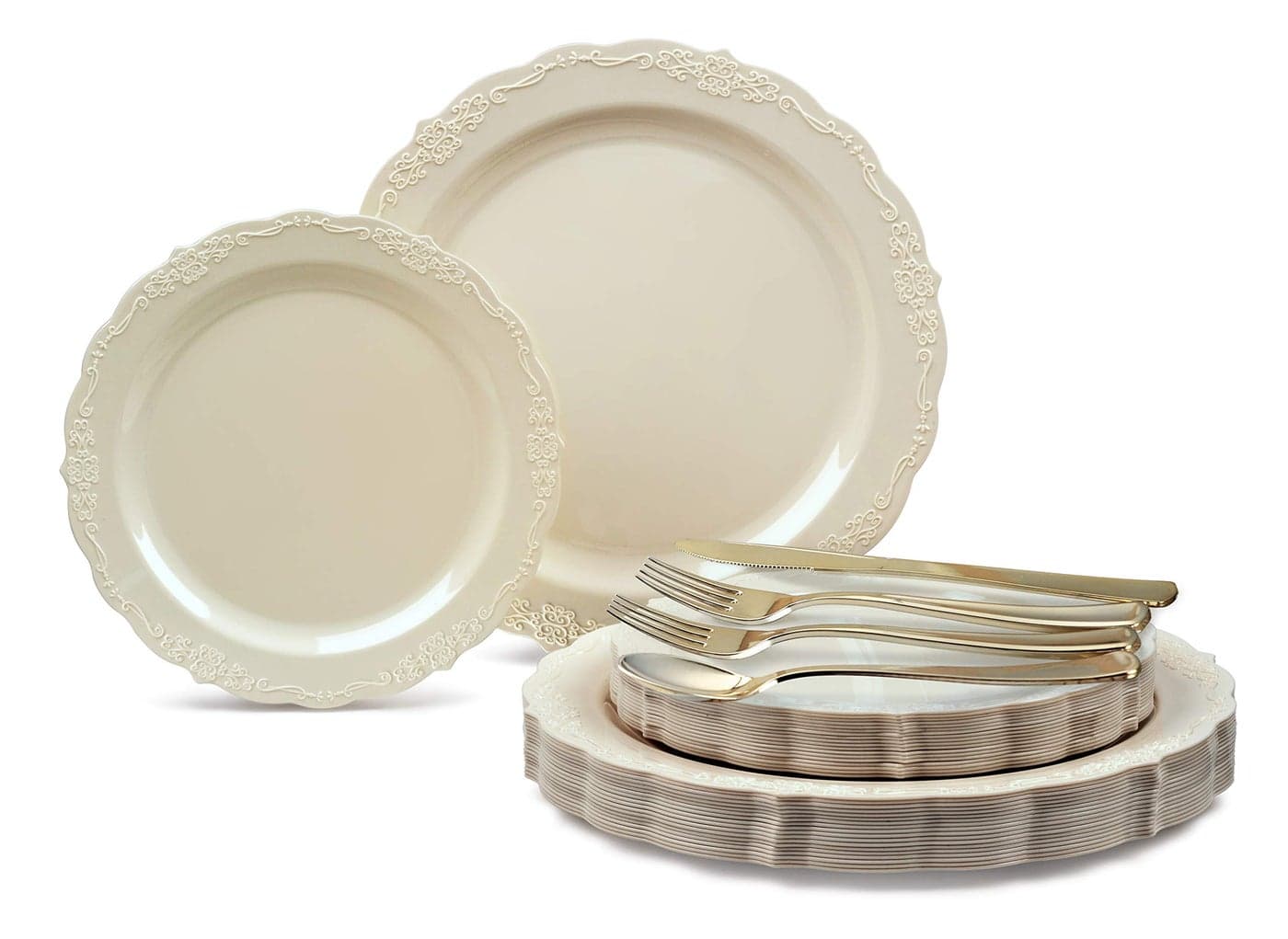 OCCASIONS 150 Piece set 25 GuestsVintage Wedding Plastic Plates cutlery Disposable Dinnerware 10 75 Silverware wdouble fork Verona Plain Ivory