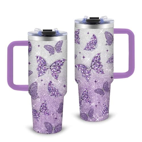 xiiai Butterfly Gifts for Women 30oz Purple Butterfly Tumbler with Handle and Straws Stainless Steel Insulated Travel Coffee Mugs, Leak-Proof, Birthday Christmas Gifts for butterflies Lover Water Cup