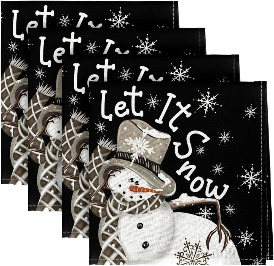 Horaldaily Christmas Cloth Napkins 18 x 18 Inch Snowman and Snow Black Party Dinner Decoration Washable Napkins Set of 4