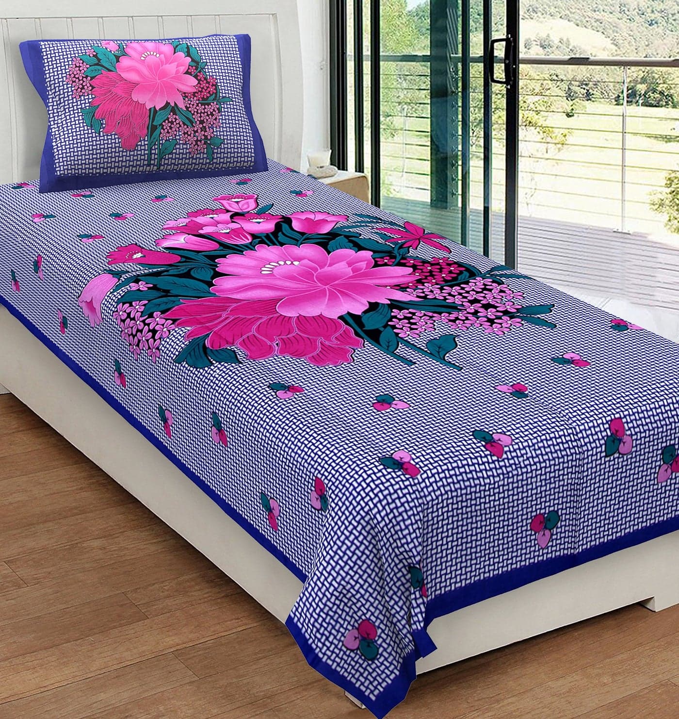 Urban Magic 104 TC Cotton Rajasthani Jaipuri Printed Flat Sheets Home Décor and Bedding Single Size Bedsheet with 1 Pillow Cover (Blue,Pack of 1)