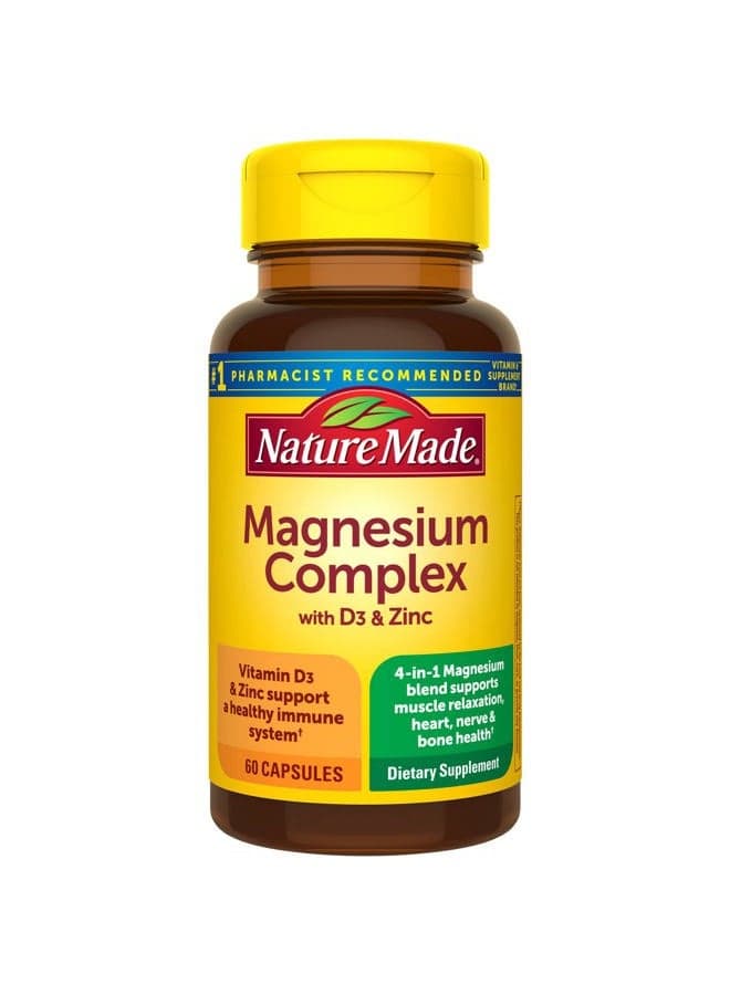 Magnesium Complex with Vitamin D and Zinc Supplements, Magnesium Supplement for Muscle, Nerve, Heart & Bone Support with Vitamin D3 & Zinc for Immune Support, 60 Capsules, 30 Day Supply
