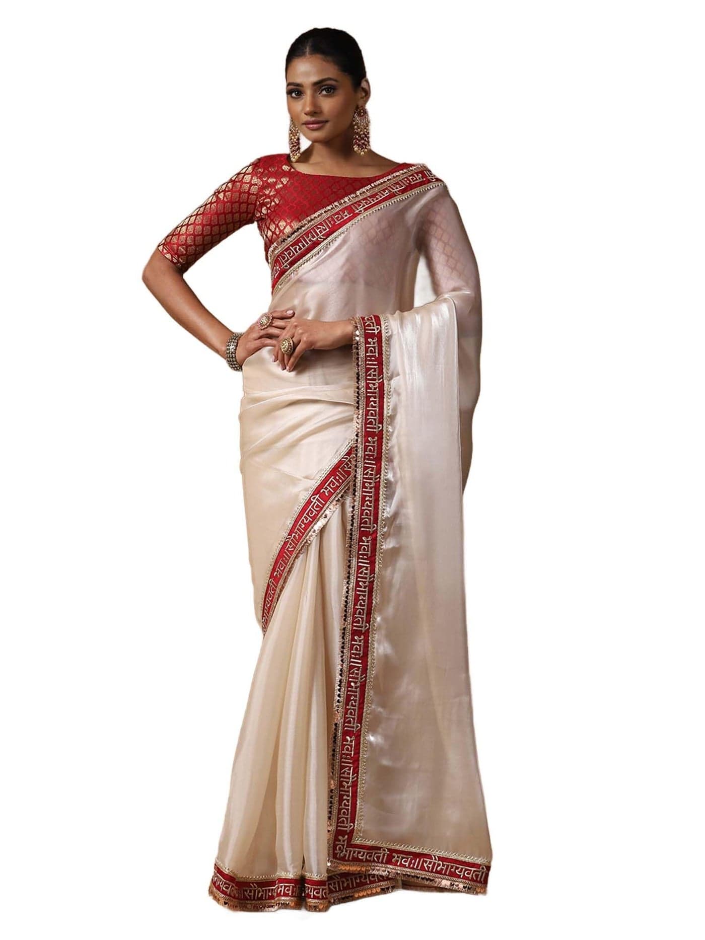 SAREE MALL Women's White Tissue Embroidered Saree With Unstitched Blouse Piece (RADHA2005_RX)