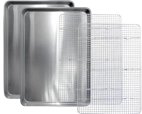 Commercial Quality 2 Pack Cookie Sheet and 2 Pack Rack - Aluminum Half Sheet Baking Pan and Stainless Steel Cooling Rack Set 13x18 Rust & Warp Resistant, Heavy Duty