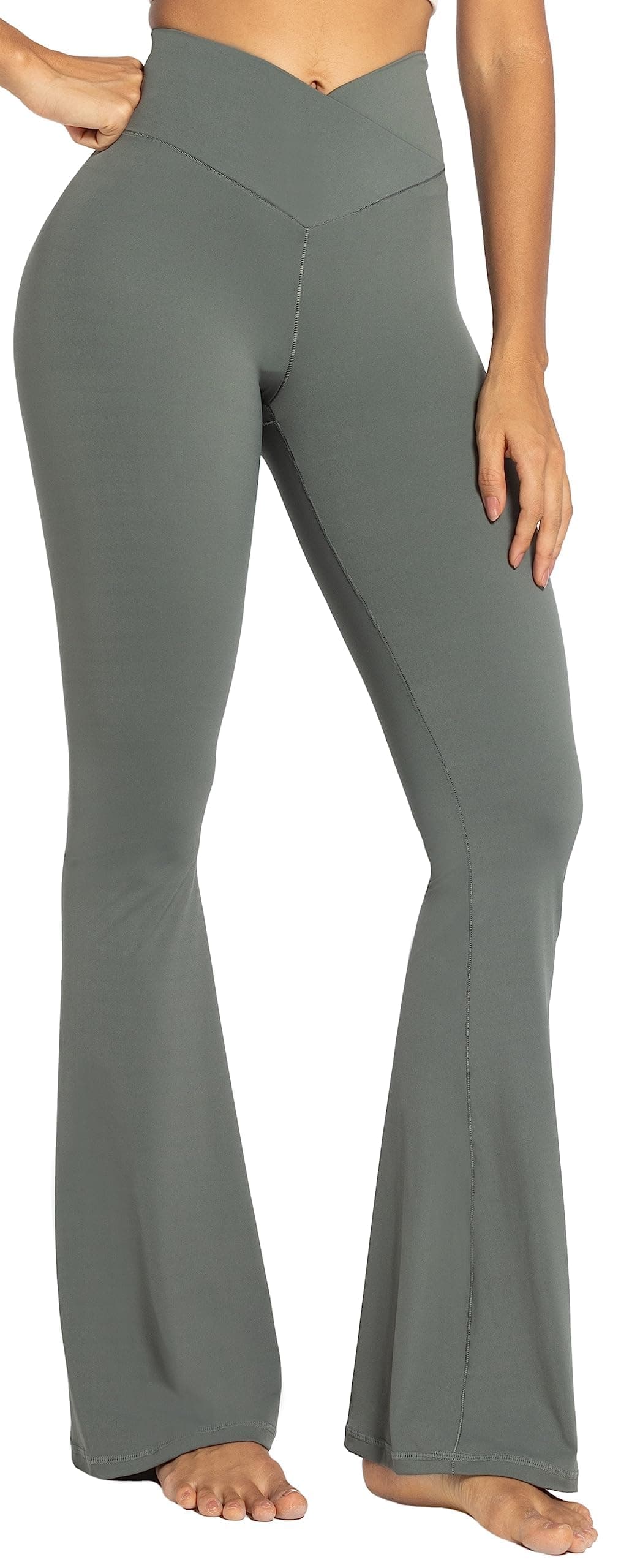 Sunzel Flare Leggings, Crossover Yoga Pants with Tummy Control, High-Waisted and Wide Leg, 28" Inseam, Grey Small