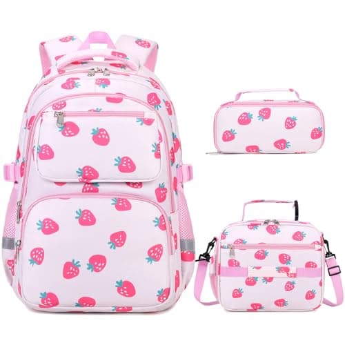 DIGOBAY Kids Backpack for Girls 3PCS Toddler Girls Backpack Set with Lunch Box Pencil Case School Bag Cute Bookbag for Preschool Kindergarten Elementary Student Ages 312 Beige Strawberry