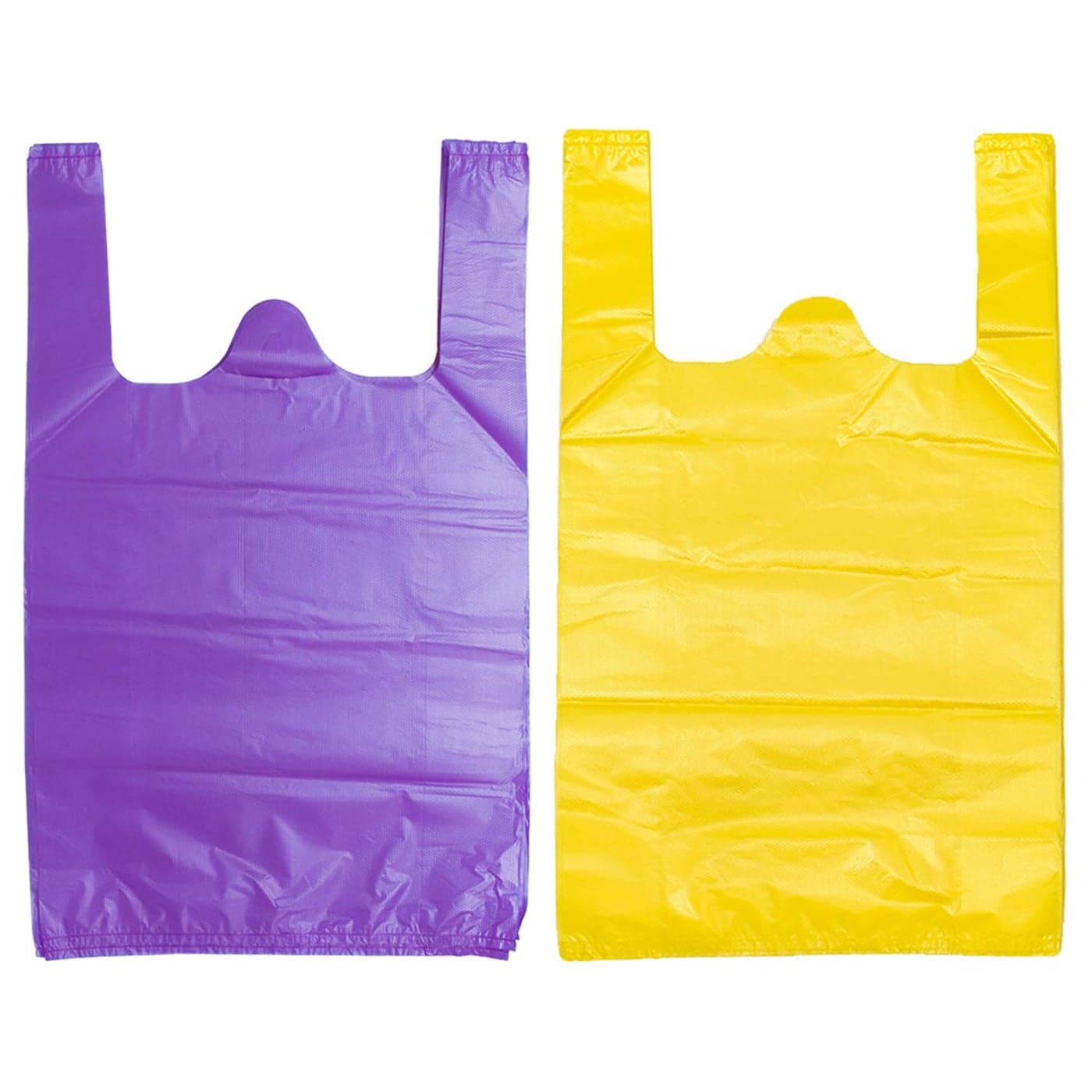 LazyMe T Shirt Bags Plastic Grocery Bags with Handles in Bulk for Shopping and Restaurant Bolsas De Plastico Para Negocio 12 x 20 Inches Purple 50 PcsYellow 50 Pcs