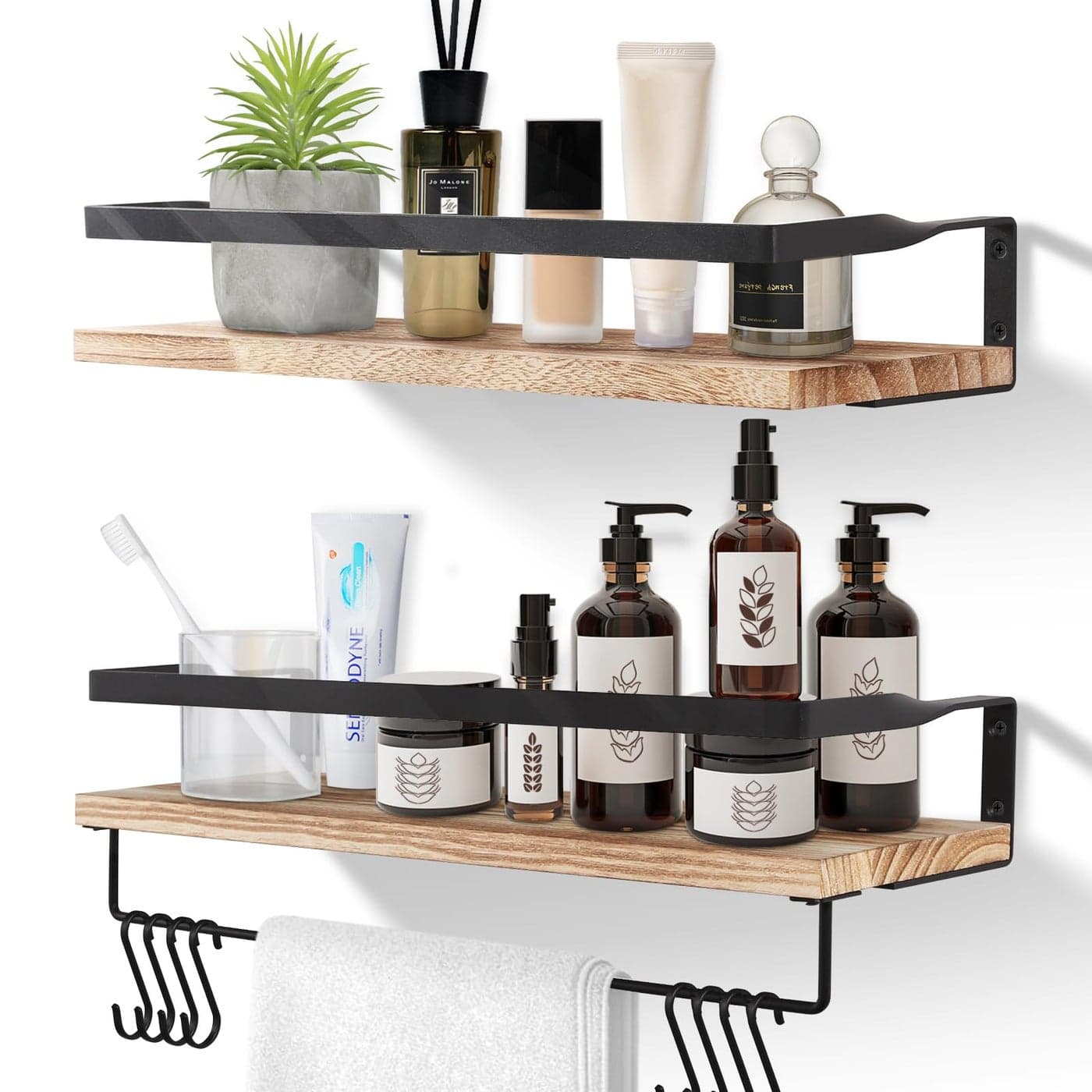 Uten Floating Shelves Wall Mounted Shelf Light Brown Wood Wall Shelves Wooden Shelves Set Spirit Level Towel Bar 8 Hooks for Bedroom Bathroom Living Room Kitchen Office