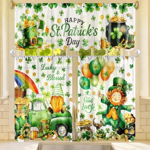 Breling 3 Pcs St Patricks Day Kitchen Curtains Valances and Tiers Set for Windows Green Shamrock Gnomes Irish Clover Decor Short Curtain Set for Bedroom Window Treatment Decor Party Favor Supplies