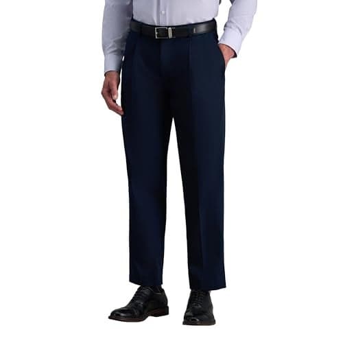 Haggar Men's Premium No-Iron Classic-Fit Expandable-Waist Pleat-Front Pant, Dark Navy, 40W x 30L