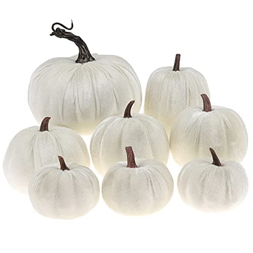 Gresorth 8pcs Assorted Size Fake Handmade White Velvet Pumpkins Artificial Fall Harvest Halloween Decoration for Home Kitchen Farmhouse Thanksgiving Wedding Festival