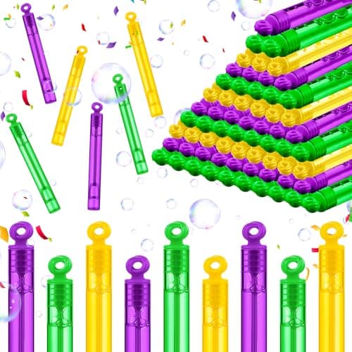 Lunmon 120 Pieces Mardi Gras Party Favors Mini Bubble Wands Bulk Mardi Gras Mix Bulk Toys Gift for Kids Adults 4 Inch Mardi Gras Bubble Wands Carnival Birthday Decorations School Classroom Prizes