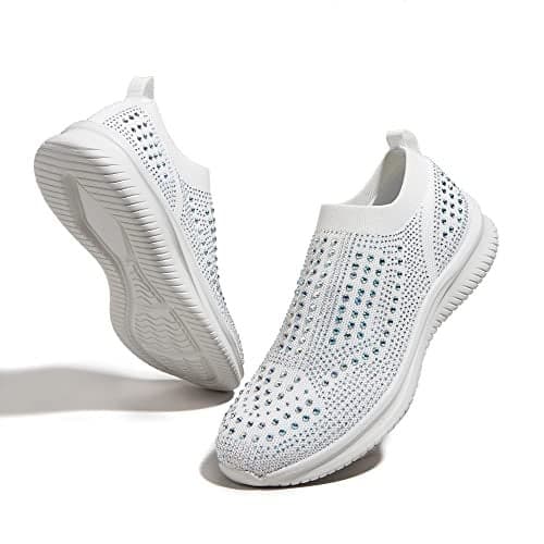 BELOS Women's Rhinestone Slip On Walking Shoes Breathable Mesh Knit Sock Shoes Fashion Comfortable Sparkly Sneaker(White,11)