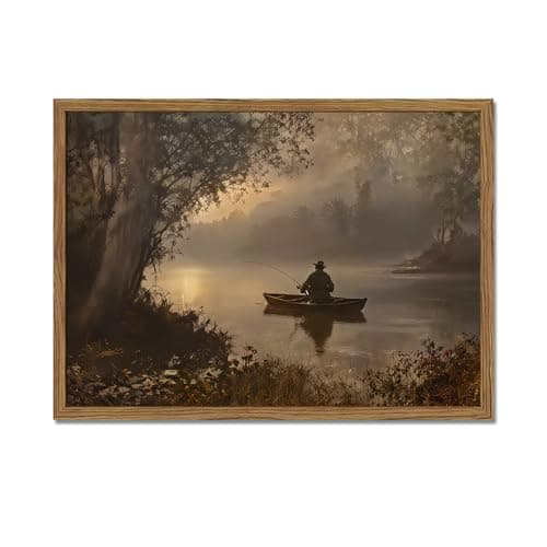 Vintage Fishing Wall Art Dark Cottagecore Hunting Wall Decor Moody Fishing in the Lake Forest Landscape Canvas Painting Prints for Farmhouse Living Room Bedroom 10x8 inch Wood Framed