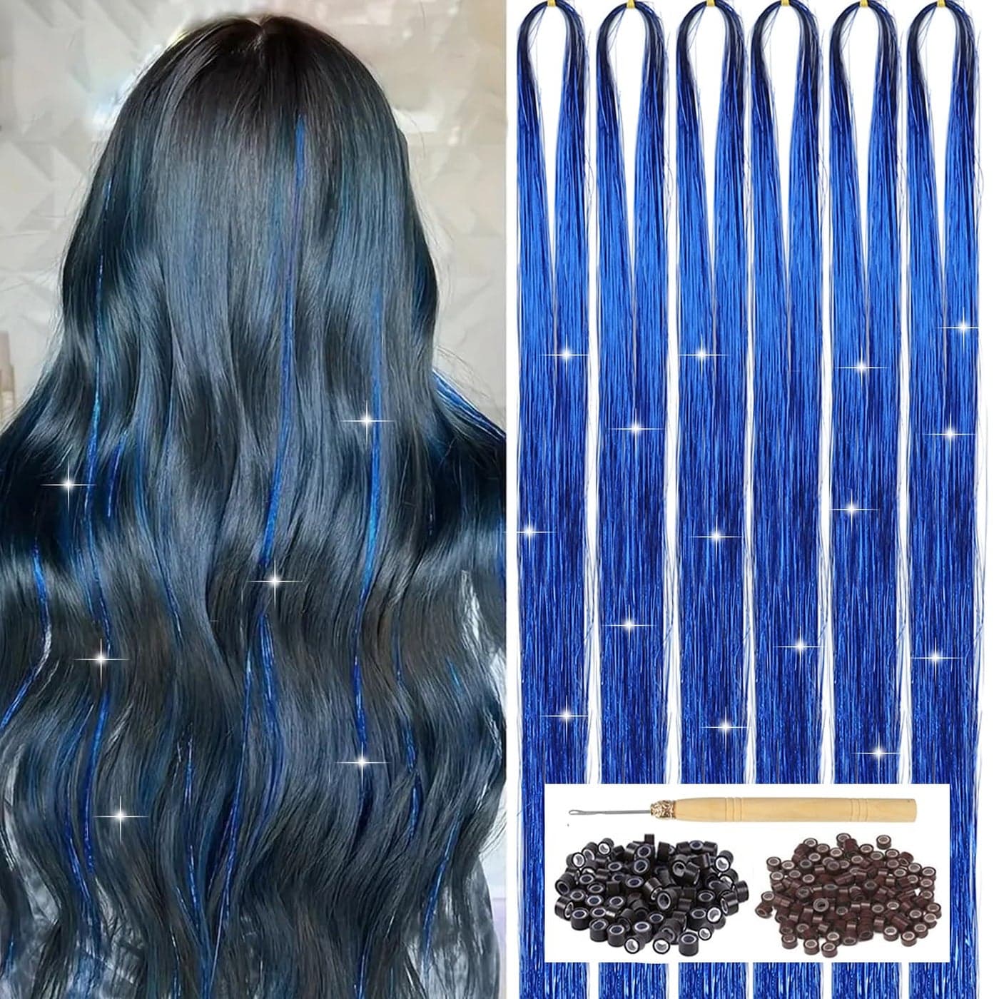 Blue Hair Tinsel Kit with Tool 6pcs 1200 Strands Glitter Tinsel Hair Extensions Heat Resistant Sparkling Shiny Fairy Hair Accessories for Women Girls Kids 47Inch