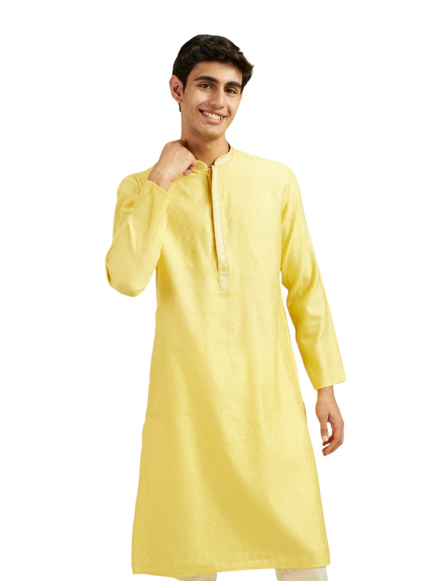 DIWAS BY MANYAVAR Men's Blended Viscose Jacquard| Self Design Kurta (Yellow,XL)