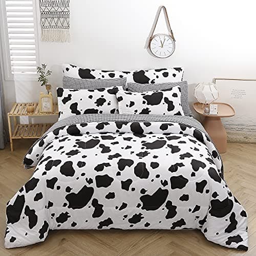SUCSES Cow Print Queen Comforter Set with Sheets 8Pcs Bed in A Bag Queen Size Bedding Set Geometric Black and White Duvets for All Season