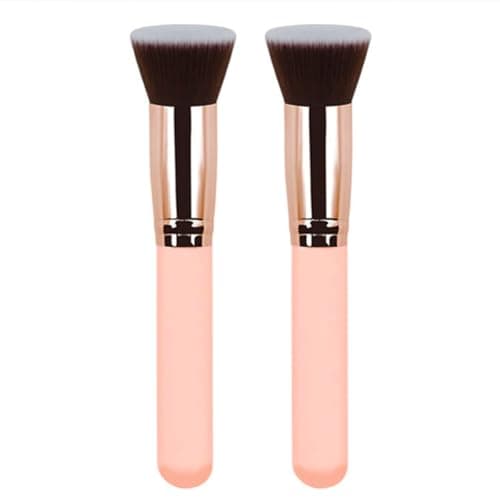 Reazana Kabuki Brushes 2pcs Foundation Blush Brush Makeup Brushes for Liquid Cream Powder Professional Cosmetics Blender Brush Face Blending Buffing Brushes Thick Soft Synthetic Fibers Flat Top Pink