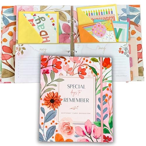 Paper 'n Such Greeting Card Organizer with 27 Pockets - Hardcover - Floral Birthday Book - Perpetual Calendar and Dates to Remember - Christmas, Holidays, Anniversary Reminders - Card Keeper