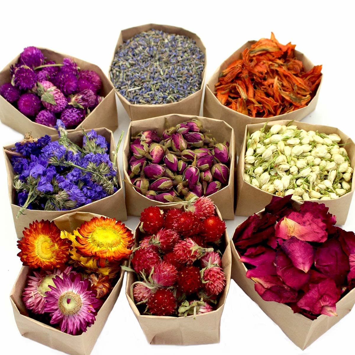 9 Bags Set Dried Flowers Artisan Dried Flower Kit Candle Making Soap Making DIY Candel Natural FlowersLemonLavenderRoseleafPink RoseRed RoseJasmineRose Petal and More