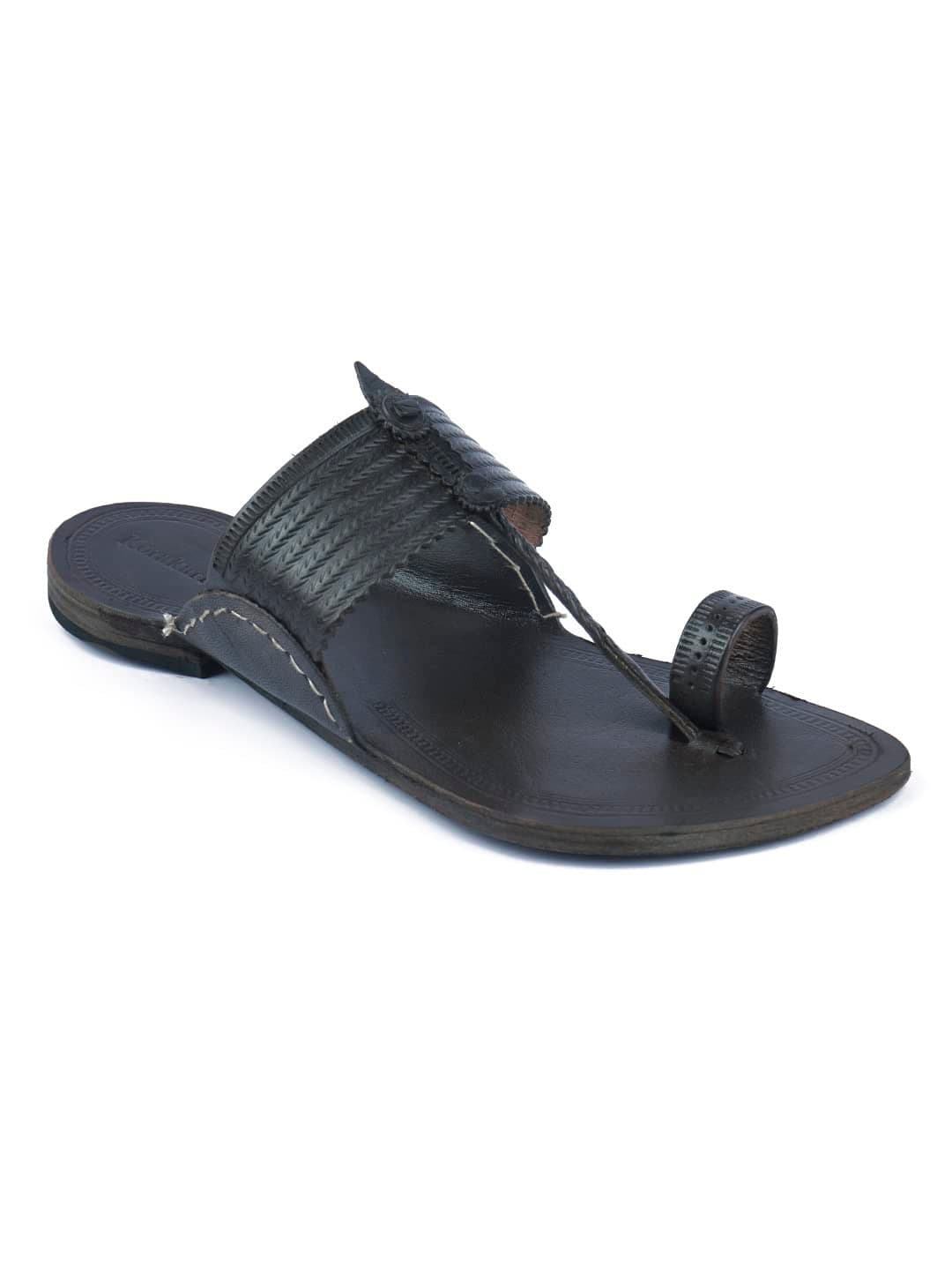 KORAKARI Men & Women Genuine Leather Kolhapuri Chappal Handmade Brown Flip Flops Anti Slip Slippers (UK-07)