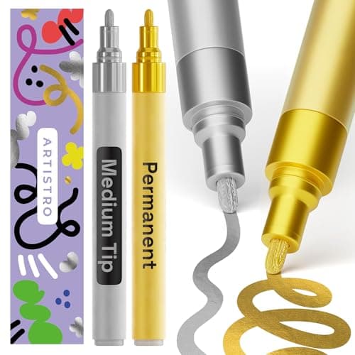 ARTISTRO 2 Gold Silver Permanent Marker Waterproof Markers for Tire Fabric Rocks Glass Ceramic Wood Paper Oil Based Paint Pens Medium Tip 3mm