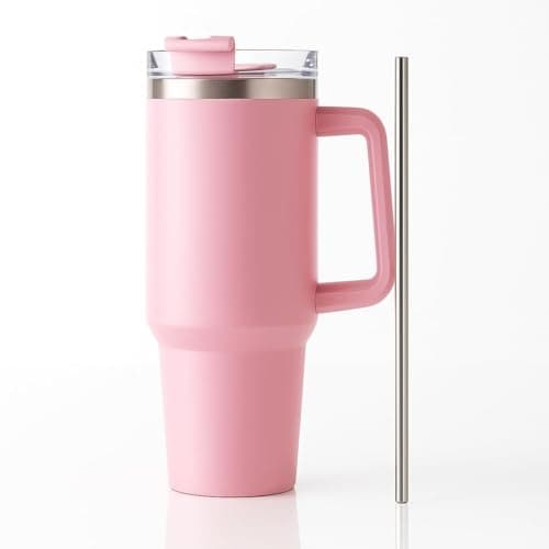 KRySt Stainless Steel Insulated Tumbler with Handle and Straw – Reusable Travel Mug for Hot and Cold Beverages, Double Wall Vacuum Cup for Office, Home, and Outdoor Use (Pink)