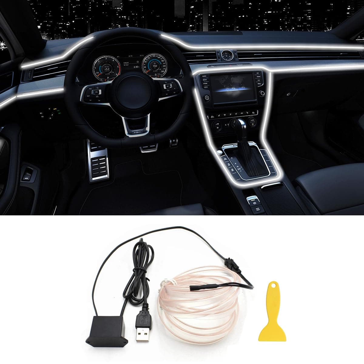EL Wire Interior Car LED Strip Lights 165FT USB Neon Glowing Strobing Electroluminescent Wire Lights with 6mm Sewing Edge Ambient Lighting Kits for Car Indoor Decoration White