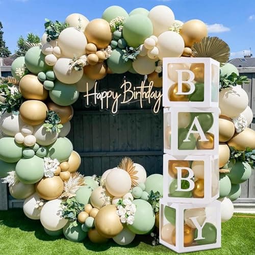Sage Green Baby Shower Decorations Boy Girl 4Pcs Baby Boxes with lettes and 112Pcs Green White Gold Balloons Arch Kit for Baby Shower Decorations Dinosaur Jungle Safari Baptism Party Supplies