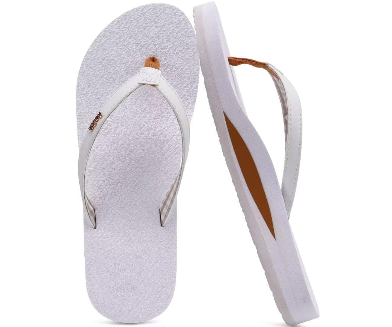 KuaiLu Womens Arch Support Flip Flops Comfortable Yoga Mat Slip on Leather Walking Thong Cushion Sandals Summer Beach Orthotic Slides Travel Essentials Indoor Outdoor Slippers Shoes White Size 8