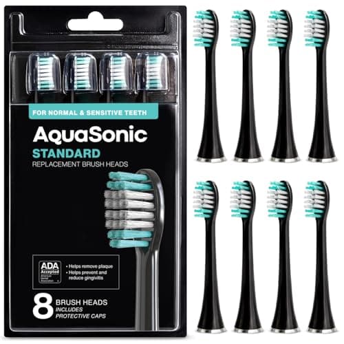 AquaSonic Standard Replacement Brush Heads | ADA Accepted | for Normal & Sensitive Teeth | Compatible with Many AquaSonic Toothbrush Handles (8 Pack Black)