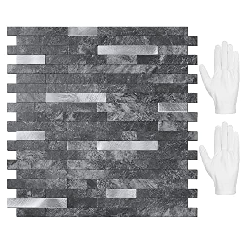 STICKGOO Peel and Stick Backsplash,PVC Wall Tiles Stick on Backsplash for Kitchen(10 Sheets, Black Slate with Metal Silver),(12 inch x 11.7 inch)