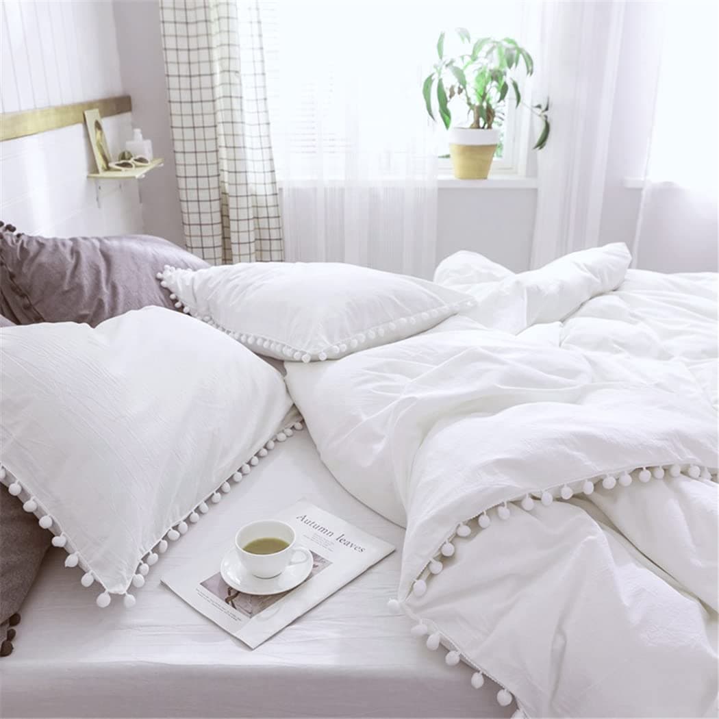 IHOUSTRIY Duvet Cover Full Size100 Washed Microfiber 3pcs Bedding Duvet Cover Set Pom Poms Fringe Solid Color Soft and Breathable with Zipper Closure Corner Ties Full White