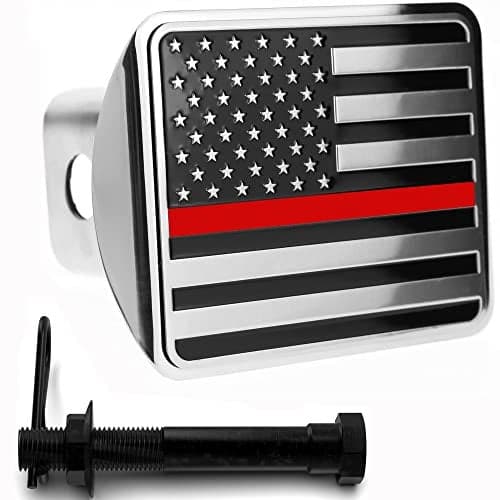 eVerHITCH USA Flag Stainless Steel Metal Hitch Cover (Fits 2" Receivers, Black & Chrome with Thin Red line)