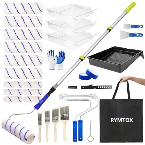 RYMTOX 33PCS Complete Paint Roller Kit with Extension Pole Carry Bag 24 FT Painting Supplies Set with 9 4 Microfiber Rollers Brushes Tray Tape for Walls Ceilings DIY Room Repainting