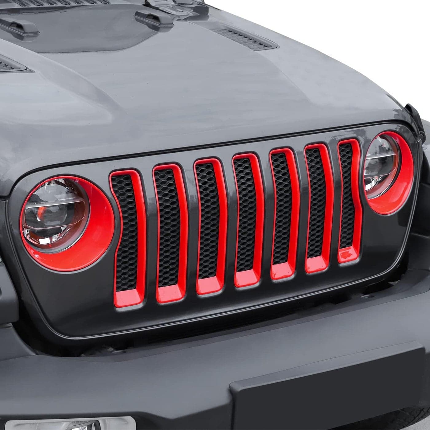 JeCar Front Grill Inserts & Headlight Cover Kit for Jeep Wrangler 2018-2023 JL & Unlimited, Red