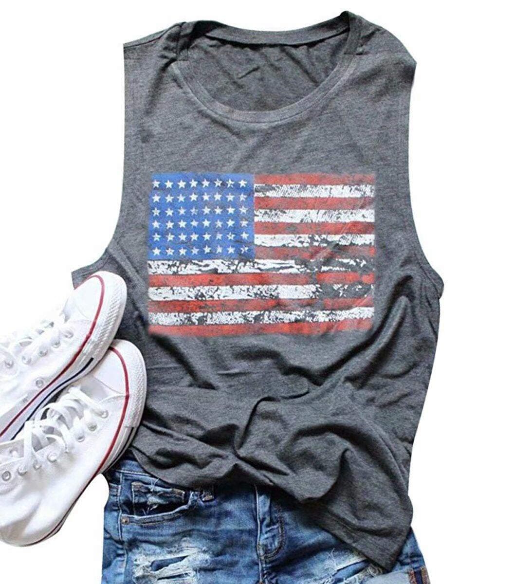 FAYALEQ American Flag Print Tank Tops Women USA Stars Stripes Patriotic T Shirt Summer Loose Vest Tees Size XL (Gray)