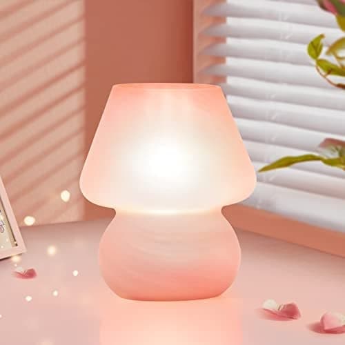 ONEWISH Mushroom Lamp Cute Table Lamp for Bedroom Nightstand Soft Light Pink, Small Glass Nightlight Stepless Dimmable Desk Lamp for Dining, Living, Nursery, Vanity, Home Decor Lamp for Girls Women