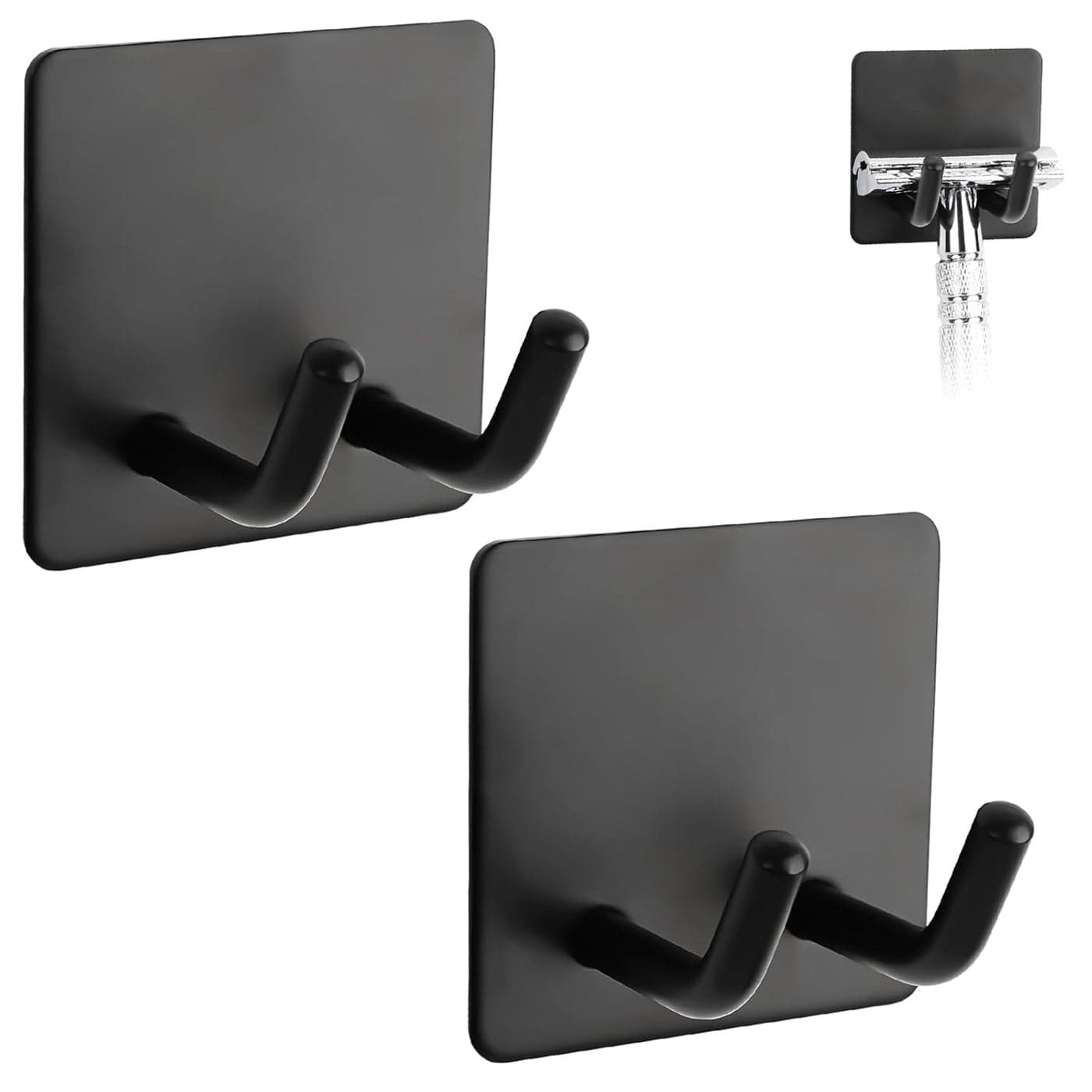 Linkidea 2 Packs Self Adhesive Razor Holder for Shower, Stainless Steel Wall Mount Shaver Hooks, Sticky Hanger Compatible with Gillette Venus Platinum, Fusion 5 Proshield, Mach 3 Classic (Black)
