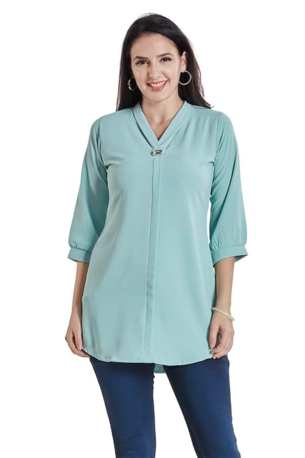 nioni Women’s Solid Tunic with Fashionable V-Fold Neck | Micro Pleated Satin Kurti | Slight Stretch Material | 3/4th Sleeve Short Kurti/Tunic for Women & Girl (Aqua Blue, XXL)