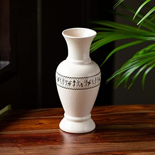 ExclusiveLane 'Whispers of Warli' Ceramic Flower Vase for Living Room (10 Inch, Handcrafted, Ivory White and Black) | Ceramic Vase for Home Décor Vases for Living Room Housewarming Gifts
